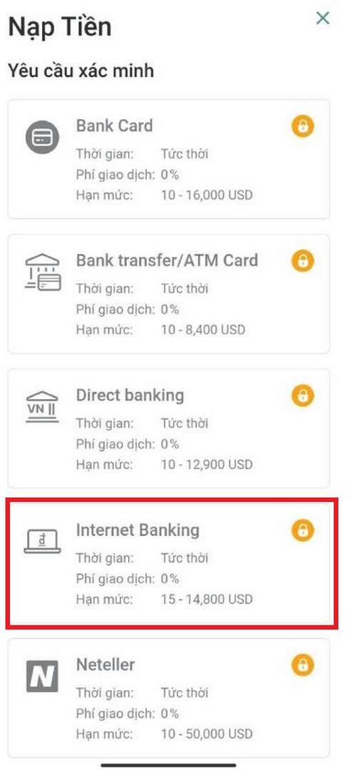 Chọn nạp tiền bằng internet banking