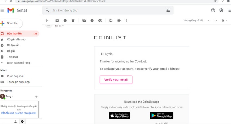 Cách tạo tài khoản Coinlist: mã xác nhận gửi đến địa chỉ Email