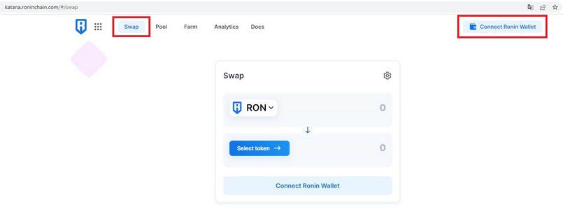 Chọn Connect Ronin Wallet trên giao diện sàn Katana Ronin