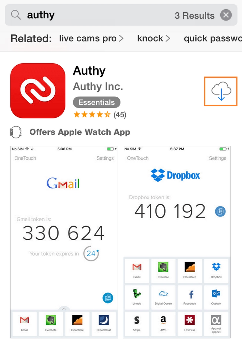 Tìm kiếm Authy trên Appstore